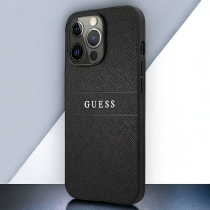Ovitek Guess "silver black" za iPhone 13 Pro Max/12 Pro Max (GUHCP13XPSASBBK) – Črna / PC + TPU silikon + Ekološko usnje
