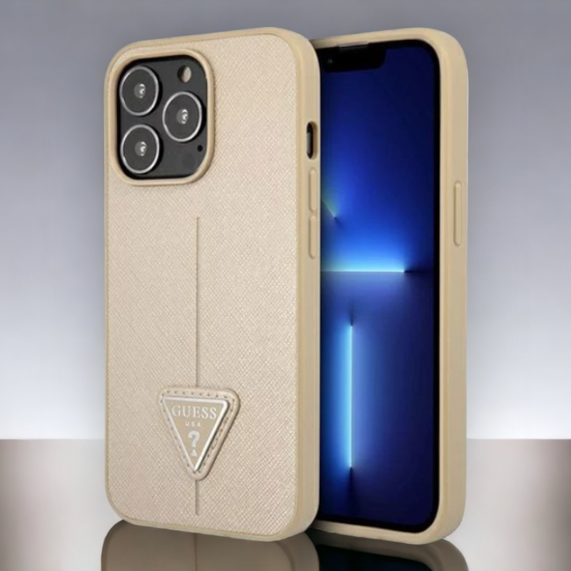 Ovitek Guess "Saffiano Triangle Logo" za iPhone 13 Pro Max/12 Pro Max - bež (GUHCP13XPSATLE) – Bež / PC + TPU silikon + 