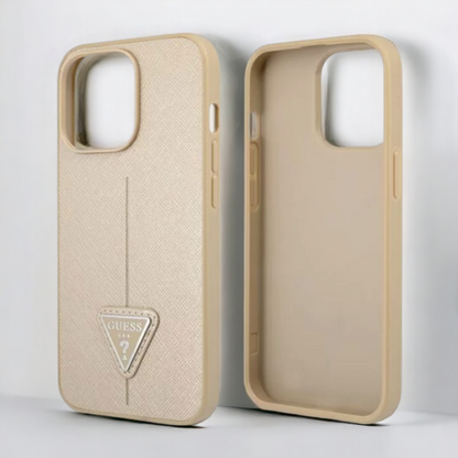 Ovitek Guess "Saffiano Triangle Logo" za iPhone 13 Pro Max/12 Pro Max - bež (GUHCP13XPSATLE)