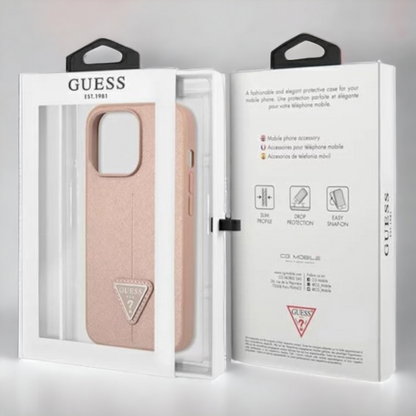 Ovitek Guess "Saffiano Triangle Logo" za iPhone 13 Pro Max/12 Pro Max - roza (GUHCP13XPSATLP)