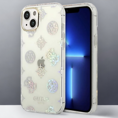 Ovitek Guess "Peony Glitter" za iPhone 14 Plus/ 15 Plus (GUHCP14MHTPPTH) – Prozorna / PC + TPU silikon