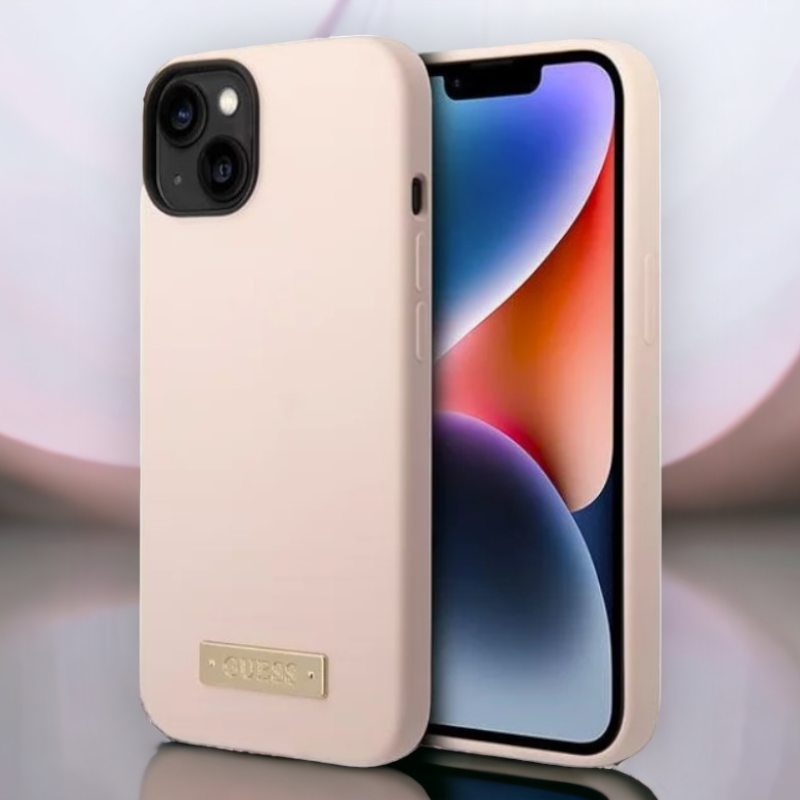 Ovitek Guess "Metal Logo" za iPhone 14 Pro Max s tehologijo MagSafe - roza (GUHMP14XSBPLP) – Svetlo roza / Silikon
