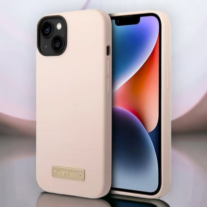 Ovitek Guess "Metal Logo" za iPhone 14 Pro Max s tehologijo MagSafe - roza (GUHMP14XSBPLP) – Svetlo roza / Silikon