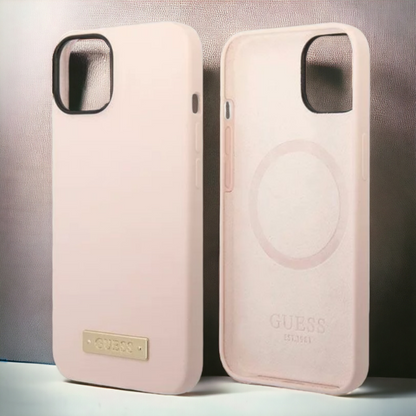 Ovitek Guess "Metal Logo" za iPhone 14 Pro Max s tehologijo MagSafe - roza (GUHMP14XSBPLP)