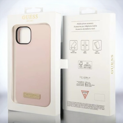 Ovitek Guess "Metal Logo" za iPhone 14 Pro Max s tehologijo MagSafe - roza (GUHMP14XSBPLP)