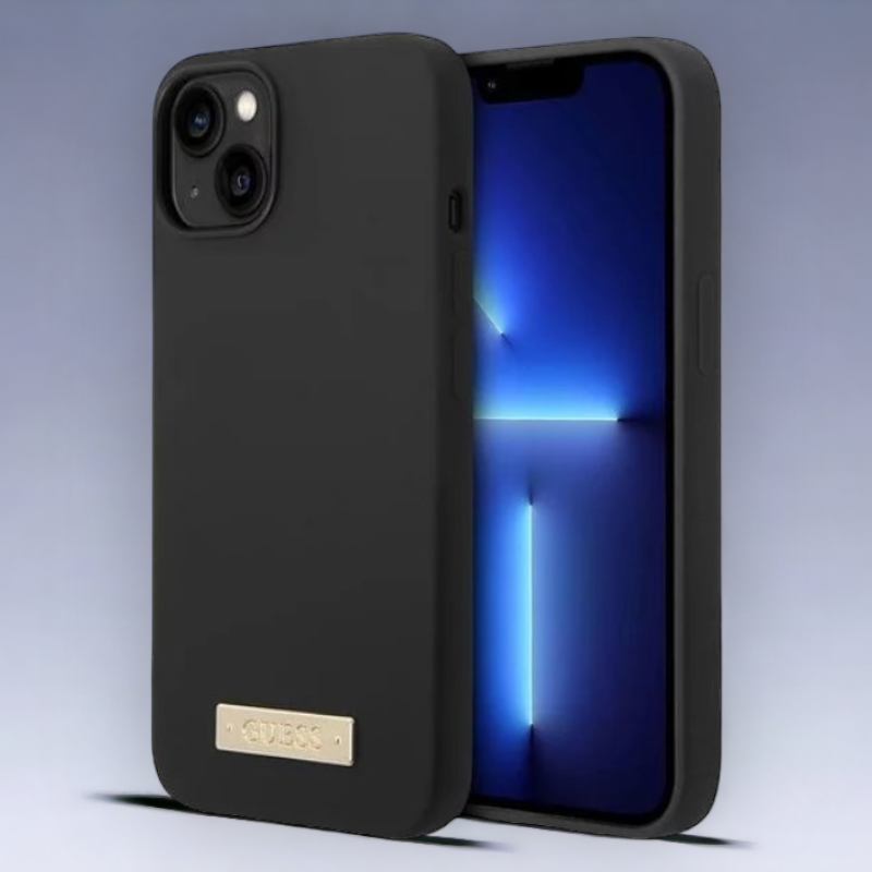 Silikonski ovitek Guess "Metal Logo" za iPhone 14 z MagSafe tehnologijo - črn (GUHMP13MSBPLK; GUHMP14SSBPLK) – Črna / Si