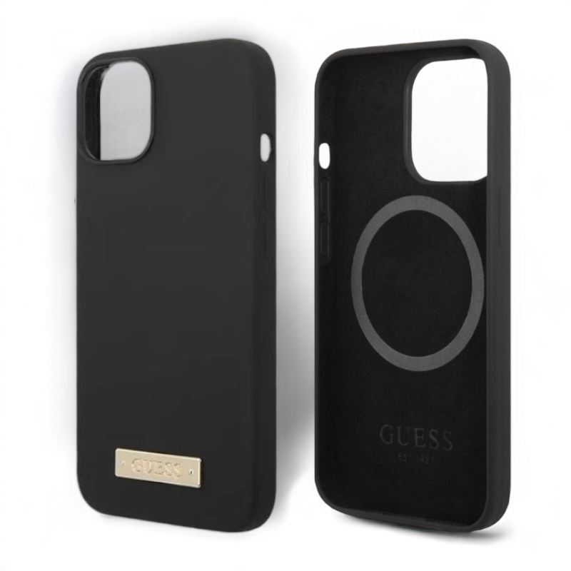 Silikonski ovitek Guess "Metal Logo" za iPhone 14 Plus/ 15 Plus z MagSafe tehnologijo - črn (GUHMP14MSBPLK)
