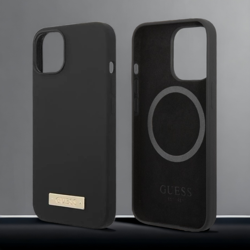 Silikonski ovitek Guess "Metal Logo" za iPhone 14 z MagSafe tehnologijo - črn (GUHMP13MSBPLK; GUHMP14SSBPLK)