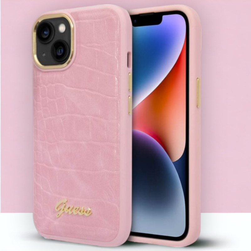 Ovitek Guess "Croco Collection" za iPhone 14 Plus/ 15 Plus - roza (GUHCP14MHGCRHP) – Svetlo roza / PC + TPU silikon + Ek