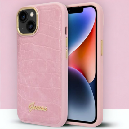 Ovitek Guess "Croco Collection" za iPhone 14 Plus/ 15 Plus - roza (GUHCP14MHGCRHP) – Svetlo roza / PC + TPU silikon + Ek