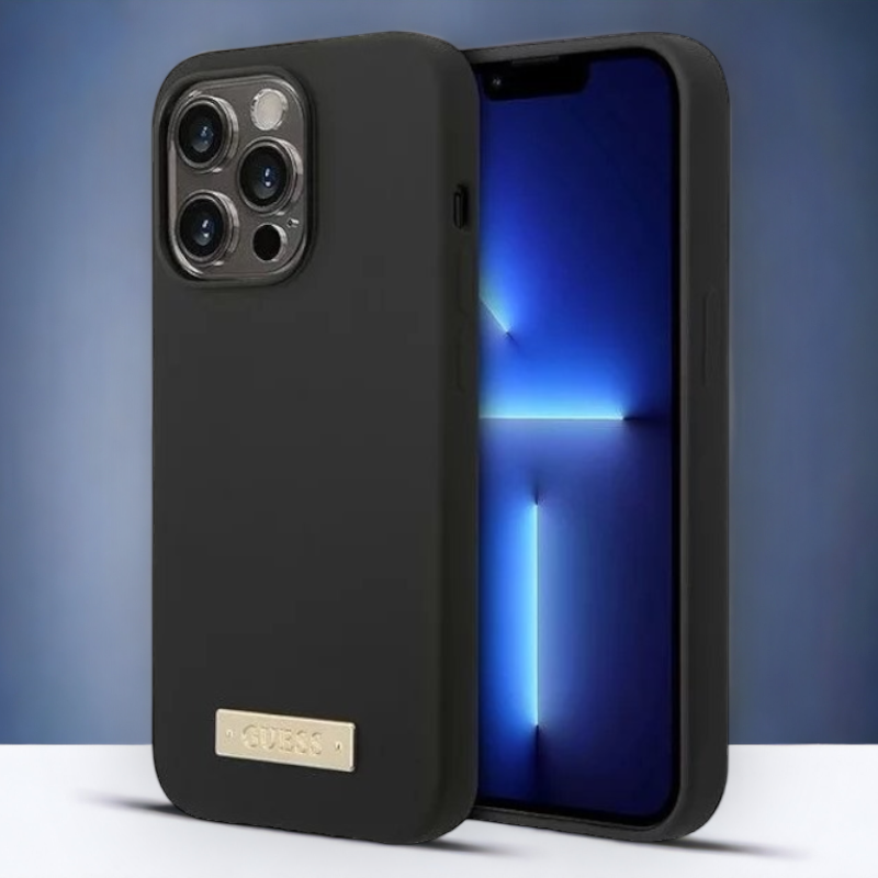 Silikonski ovitek Guess "Metal Logo" za iPhone 14 Pro Max z MagSafe tehnologijo - črn (GUHMP14XSBPLK) – Črna / Silikon