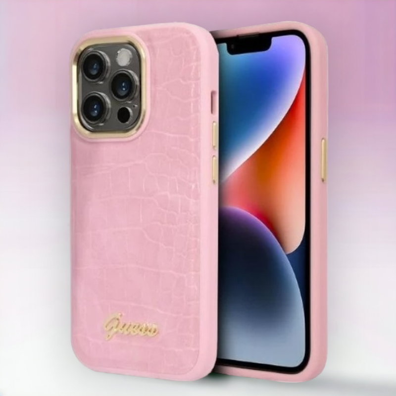 Ovitek Guess "Croco Collection" za iPhone 14 Pro Max - roza (GUHCP14XHGCRHP) – Svetlo roza / PC + TPU silikon + Ekološko