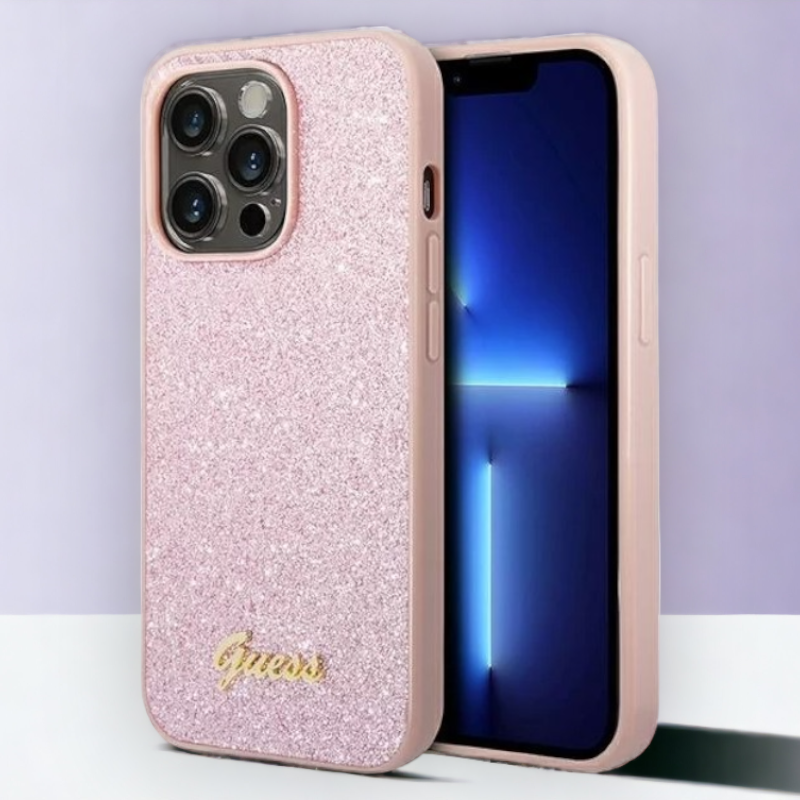 Ovitek Guess "Glitter Pink" za iPhone 14 Pro (GUHCP14LHGGSHP) – Svetlo roza / PC + TPU silikon