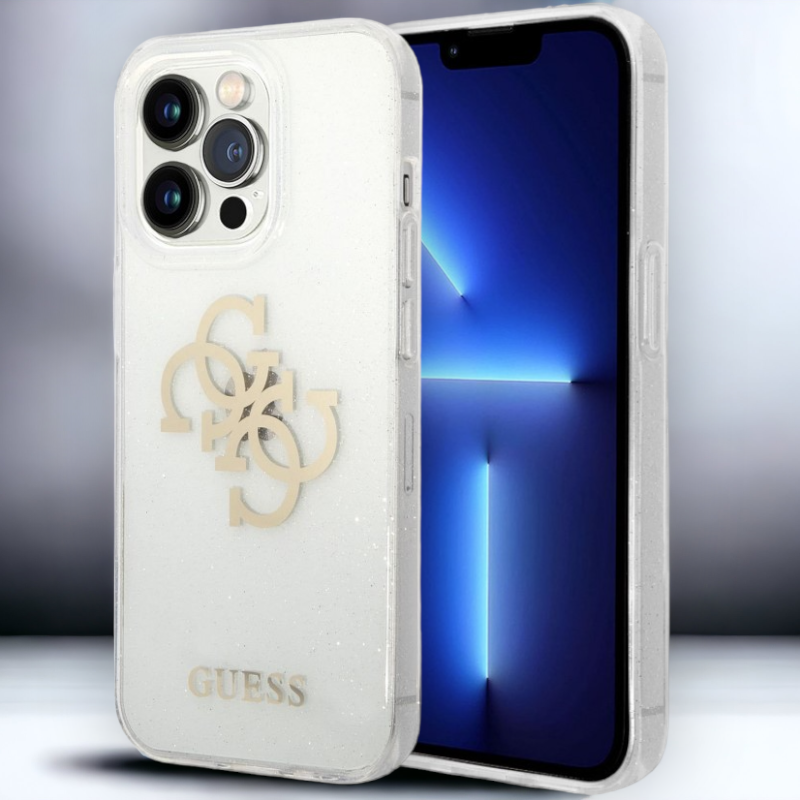 Ovitek Guess "Big 4G Full Glitter" za iPhone 14 Pro - prozorna (GUHCP14LPCUGL4GTR) – Prozorna / PC + TPU silikon