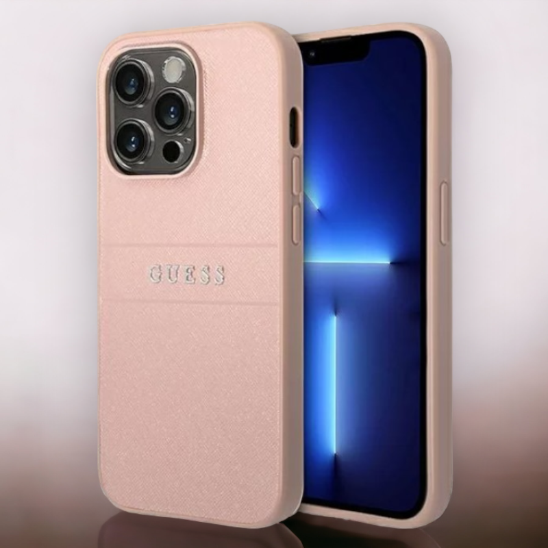 Ovitek Guess "silver pink" za iPhone 14 Pro Max (GUHCP14XPSASBPI) – Svetlo roza / PC + TPU silikon + Ekološko usnje