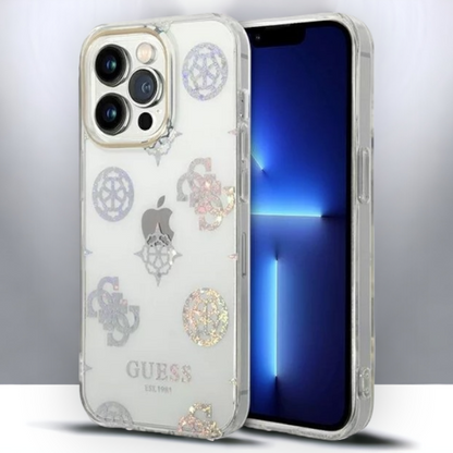 Ovitek Guess "Peony Glitter" za iPhone 14 Pro Max - prozorna (GUHCP14XHTPPTH) – Prozorna / TPU silikon