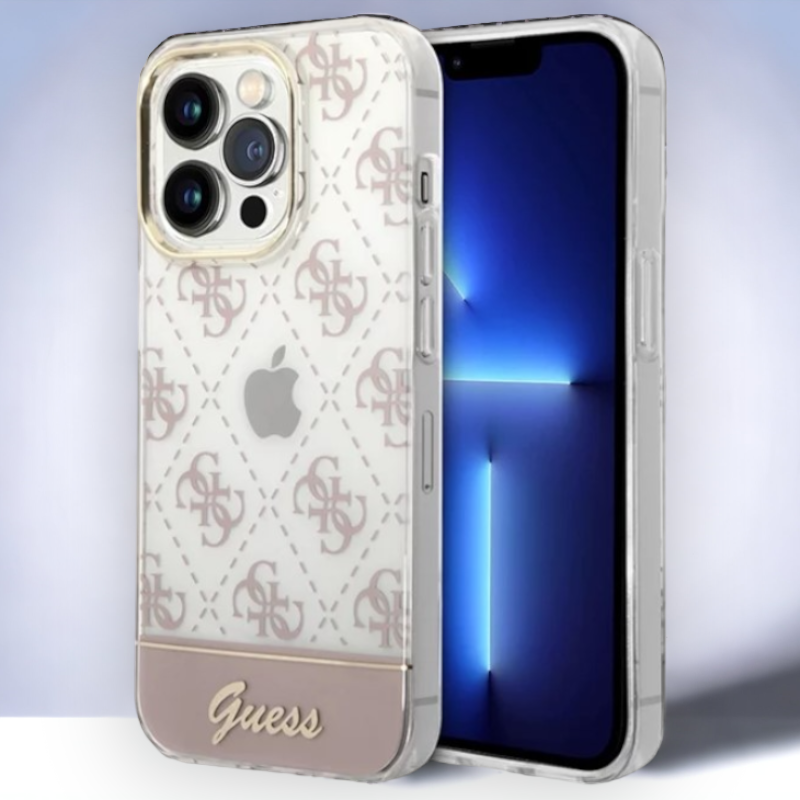 Ovitek Guess "Peony Glitter Script Logo" za iPhone 14 Pro Max - roza (GUHCP14XHG4MHP) – Svetlo roza / PC + TPU silikon