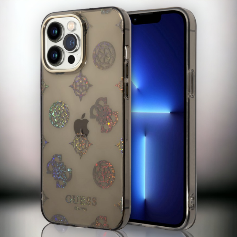 Ovitek Guess "Peony Glitter" za iPhone 14 Pro Max (GUHCP14XHTPPTK) – Črna / TPU silikon