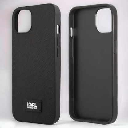 Ovitek Karl Lagerfeld "Saffiano Plaque - black" za iPhone 13/14/15 (KLHCP13MSFMP2K)