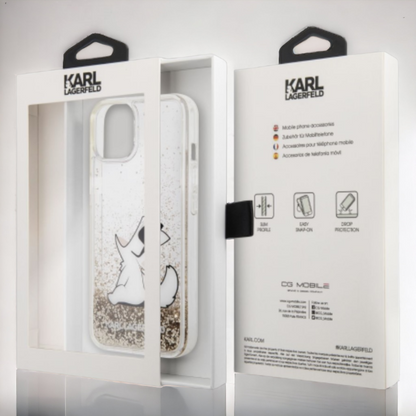 Ovitek Karl Lagerfeld "Choupette - liquid gold glitter" za iPhone 13 Pro Max/12 Pro Max (KLHCP13XGCFD)