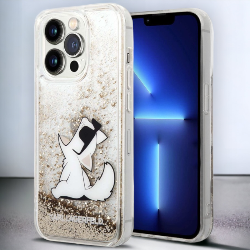 Ovitek Karl Lagerfeld "Choupette - liquid gold glitter" za iPhone 14 Pro (KLHCP14LGCFD) – Prozorna / PC + TPU silikon