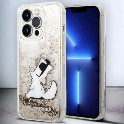 Ovitek Karl Lagerfeld "Choupette - liquid gold glitter" za iPhone 13 Pro Max/12 Pro Max (KLHCP13XGCFD) – Prozorna / PC +