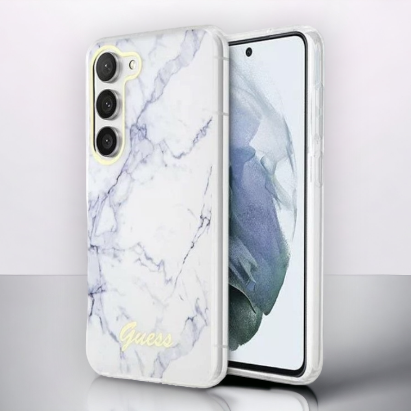 Ovitek Guess "White marble" za Samsung Galaxy S23 Plus (GUHCS23MPCUMAH) – Bela / PC + TPU silikon