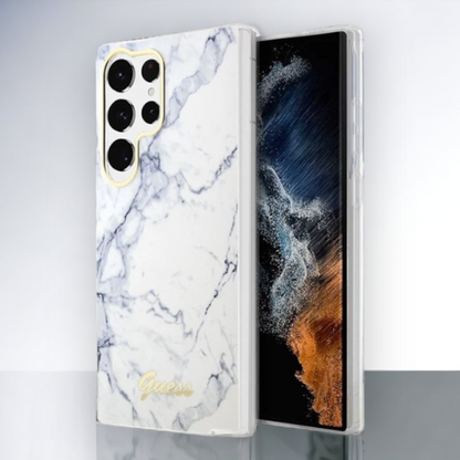 Ovitek Guess "White marble" za Samsung Galaxy S23 Ultra (GUHCS23LPCUMAH) – Bela / PC + TPU silikon