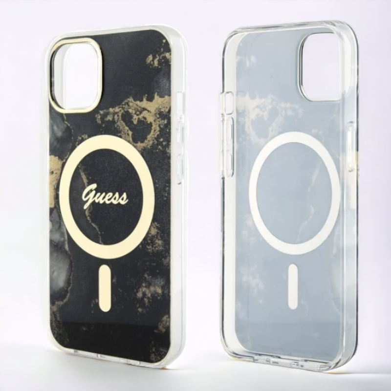 Ovitek Guess "Golden Marble" za iPhone 13/14/15 s tehologijo MagSafe - črna (GUHMP13MHTMRSK; GUHMP14SHTMRSK)