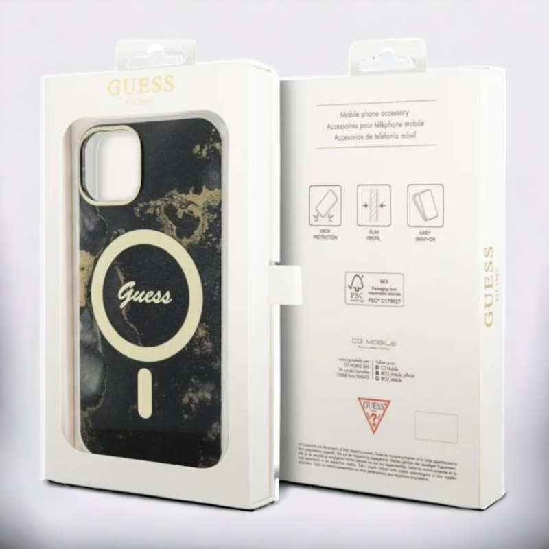Ovitek Guess "Golden Marble" za iPhone 14 Pro Max s tehologijo MagSafe - črna (GUHMP14XHTMRSK)