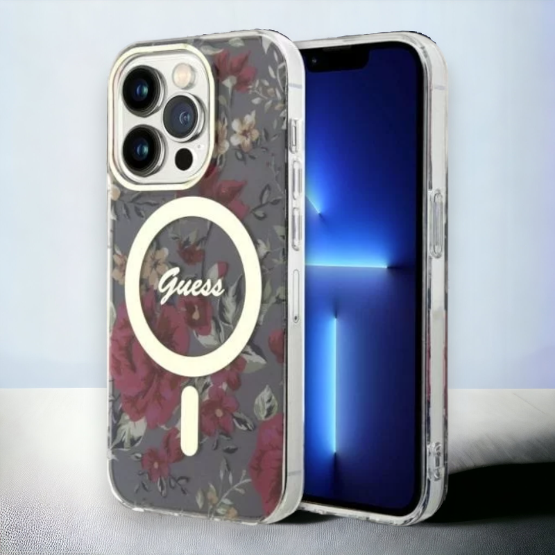 Ovitek Guess "Flower" za iPhone 14 Pro Max s tehologijo MagSafe - rjava (GUHMP14XHCFWSA) – Rjava / Silikon