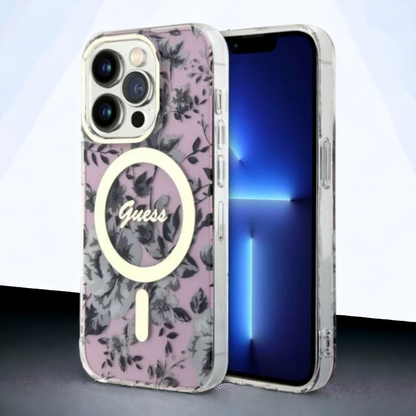 Ovitek Guess "Flower" za iPhone 14 Pro s tehologijo MagSafe - roza (GUHMP14LHCFWSP) – Roza / PC + TPU silikon