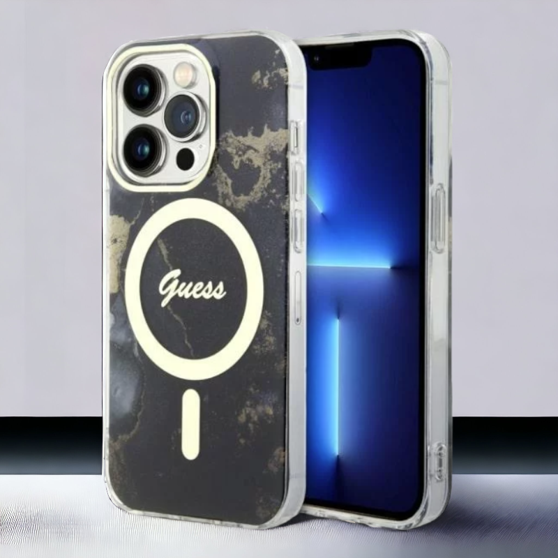 Ovitek Guess "Golden Marble" za iPhone 14 Pro s tehologijo MagSafe - črna (GUHMP14LHTMRSK) – Črna / Silikon