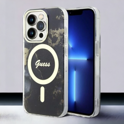 Ovitek Guess "Golden Marble" za iPhone 14 Pro s tehologijo MagSafe - črna (GUHMP14LHTMRSK) – Črna / Silikon