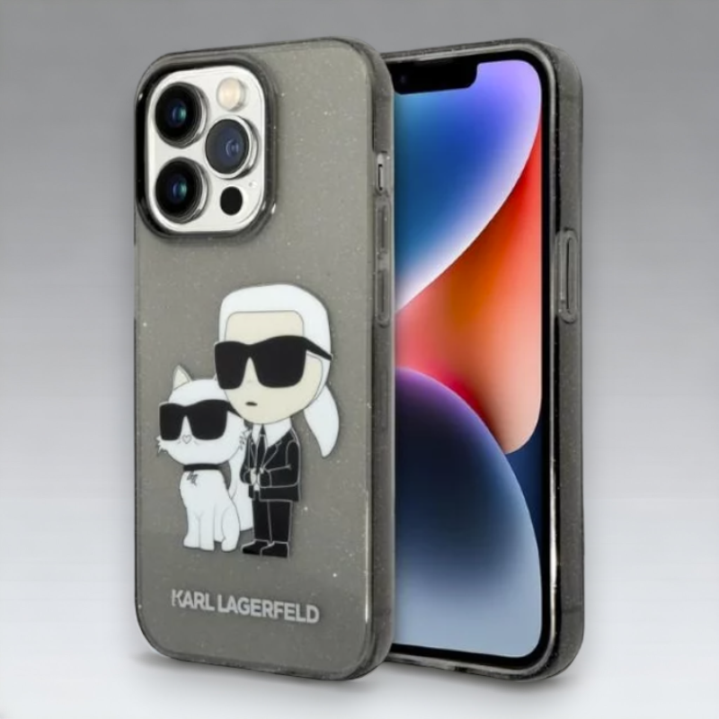 Ovitek Karl Lagerfeld "Karl & Choupette - glitter" za iPhone 14 Pro (KLHCP14LHNKCTGK) – Črna / PC + TPU silikon