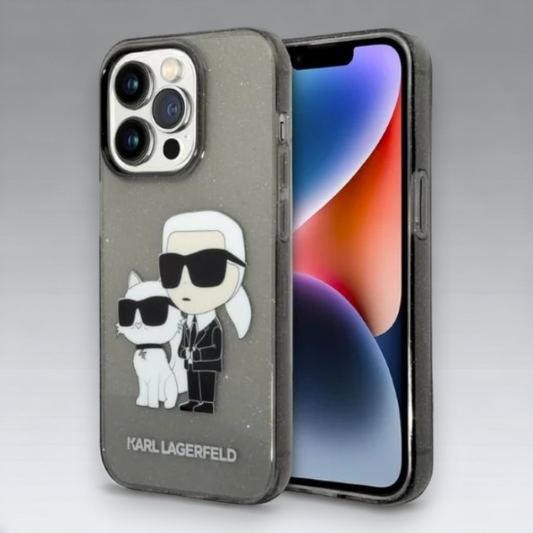 Ovitek Karl Lagerfeld "Karl & Choupette - glitter" za iPhone 14 Pro (KLHCP14LHNKCTGK) – Črna / PC + TPU silikon