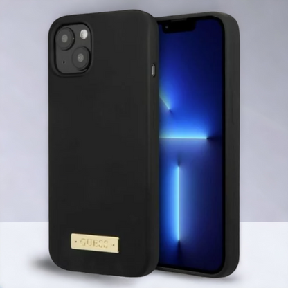 Silikonski ovitek Guess "Logo Plate" za iPhone 13/14/15 z MagSafe tehnologijo (GUHMP13MSPLK) – Črna / TPU silikon