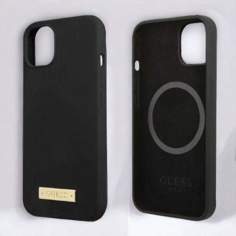 Silikonski ovitek Guess "Logo Plate" za iPhone 13/14/15 z MagSafe tehnologijo (GUHMP13MSPLK)