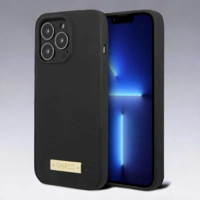 Silikonski ovitek Guess "Logo Plate" za iPhone 13 Pro z MagSafe tehnologijo (GUHMP13LSPLK) – Črna / TPU silikon