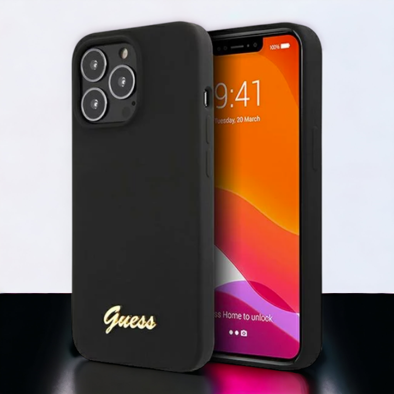 Ovitek Guess "Gold Logo" za iPhone 13/13 Pro s tehologijo MagSafe (GUHMP13LLSLMGBK) – Črna / Silikon