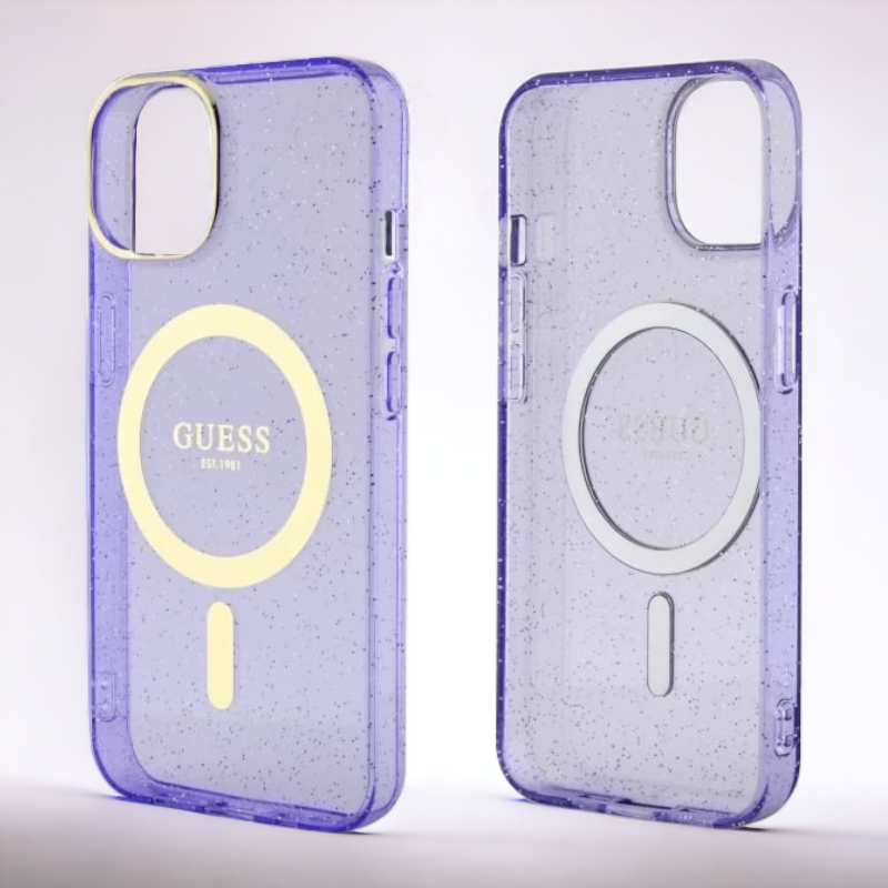 Ovitek Guess "Purple - Gold Glitter" za iPhone 14 Pro s tehologijo MagSafe (GUHMP14LHCMCGU)