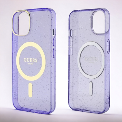 Ovitek Guess "Purple - Gold Glitter" za iPhone 14 Pro s tehologijo MagSafe (GUHMP14LHCMCGU)