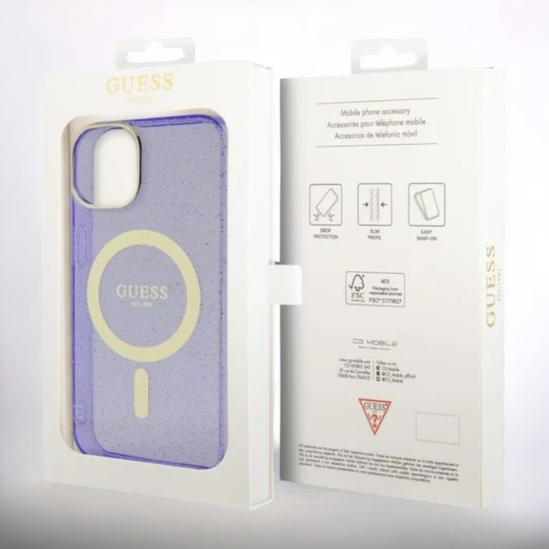 Ovitek Guess "Purple - Gold Glitter" za iPhone 14 Pro s tehologijo MagSafe (GUHMP14LHCMCGU)