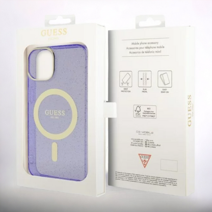 Ovitek Guess "Purple - Gold Glitter" za iPhone 14 Pro s tehologijo MagSafe (GUHMP14LHCMCGU)