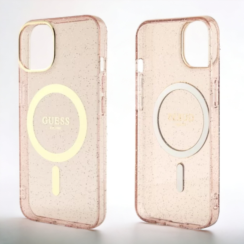 Ovitek Guess "Pink - Gold Glitter" za iPhone 14 Pro s tehologijo MagSafe (GUHMP14LHCMCGP)