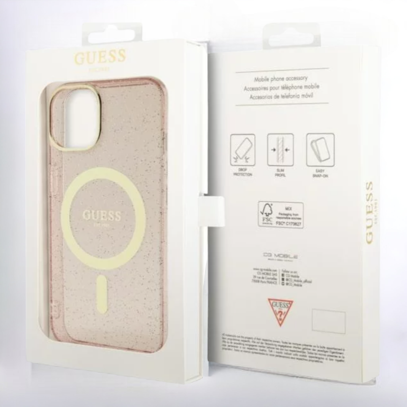 Ovitek Guess "Pink - Gold Glitter" za iPhone 14 Pro s tehologijo MagSafe (GUHMP14LHCMCGP)