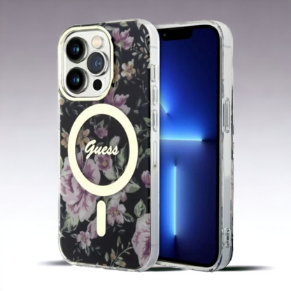 Ovitek Guess "Flower" za iPhone 14 Pro Max s tehologijo MagSafe (GUHMP14XHCFWSK) – Črna / PC + TPU silikon