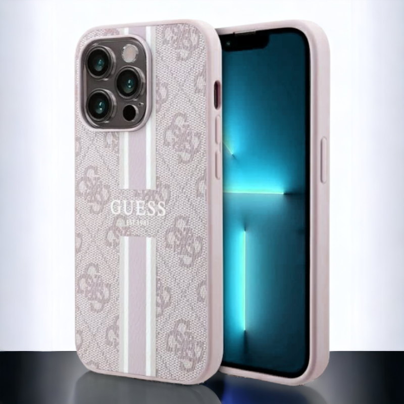 Ovitek Guess "Printed Stripes" za iPhone 14 Pro s tehnologijo MagSafe (GUHMP14LP4RPSP) – Svetlo roza / TPC + TPU silikon