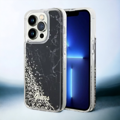 Ovitek Guess "Liquid Glitter Marble" za iPhone 14 Pro Max (GUHCP14XLCSGSGK) – Črna / PC + TPU silikon