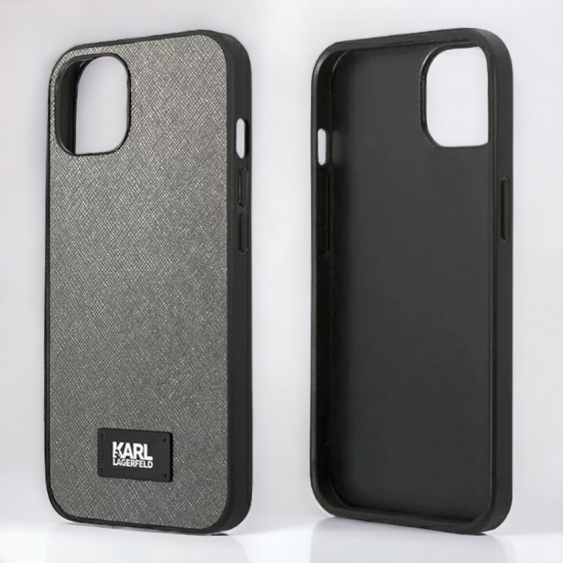 Ovitek Karl Lagerfeld "Saffiano Plaque - silver" za iPhone 13/14/15 (KLHCP13MSFMP2DG)